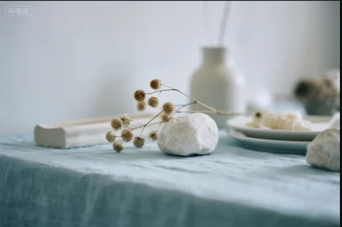 White stones and dried flowers on table with soft ambiance