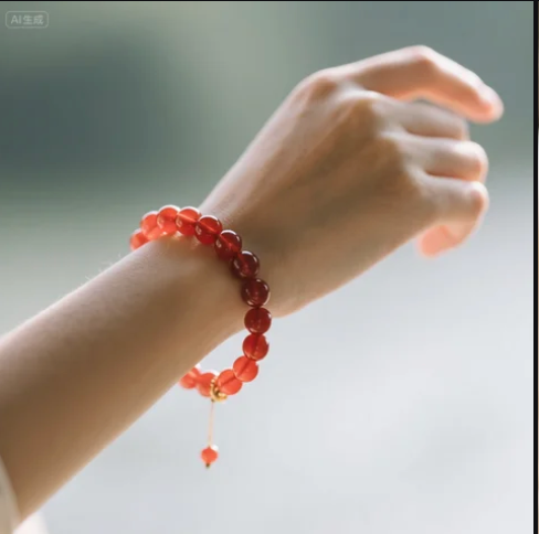 Woman wearing a red agate bracelet, close-up hand shot with soft background