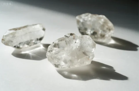 Clear quartz crystal on white background with natural texture