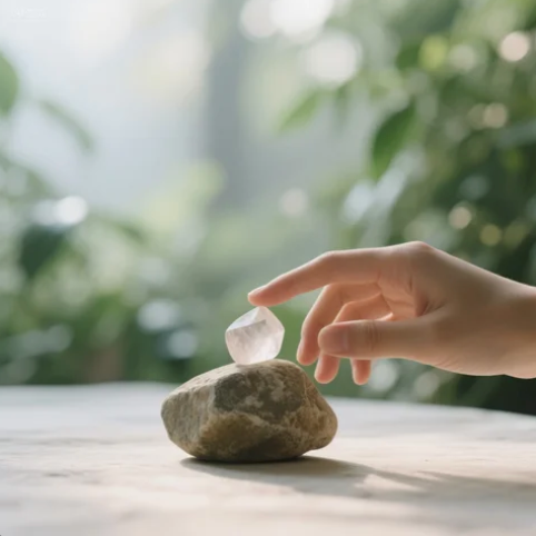 Hand gently touching natural crystals with a soft, calming green plant background