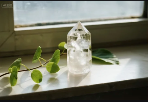 White crystals and green plants on windowsill with soft sunlight