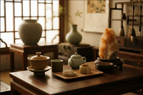 Serene interior with ceramic and natural stone decor in minimal style