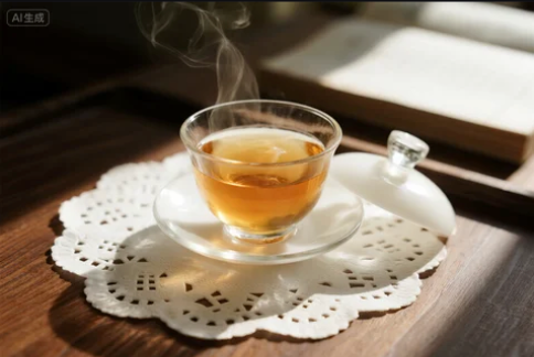 Cup of warm tea and white crystal on wooden table in meditative setting