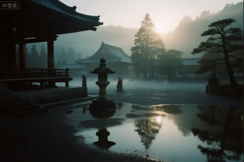 Peaceful morning courtyard with soft light and mist