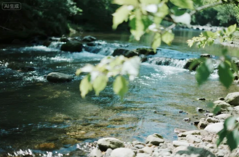 Clear stream flowing over pebbles with sunlight filtering through trees