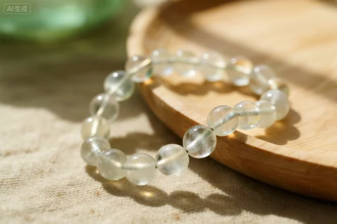 White crystal bracelet displayed on wooden tray in natural light