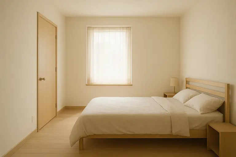 Minimal bedroom layout with bed not aligned to door