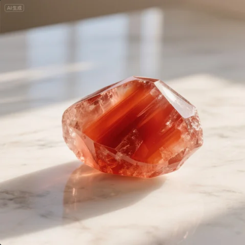 Red agate gemstone on marble background with warm natural lighting