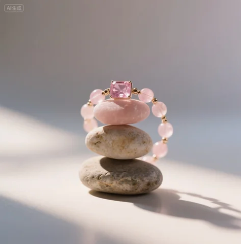 Woman wearing a pink crystal bracelet outdoors with soft natural lighting
