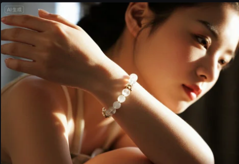 Woman’s wrist wearing a white crystal bracelet in soft natural light