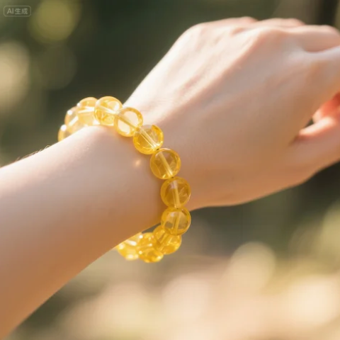 Close-up of a hand wearing a yellow citrine bracelet with a warm, blurred natural background